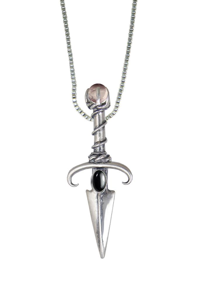 Sterling Silver Black Prince's Knife Dagger Pendant With Hematite And Rose Quartz